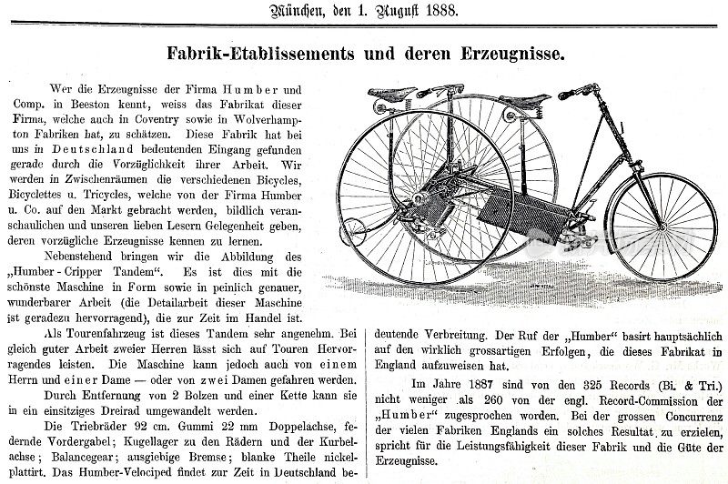 报道慕尼黑一家自行车制造商Firma Humber，德语
